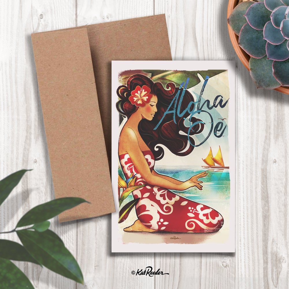 5x7 greeting card featuring an illustration of a hula dancer sitting on a beach greeting a canoe on the horizon. The message on the front of the card reads “Aloha Oe". A kraft paper envelope is included with card. 