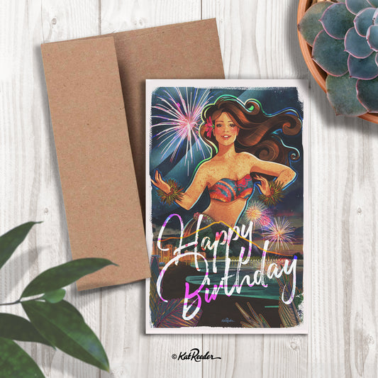 5x7 happy birthday card featuring an illustration of hula girl, diamond head and the skyline of waikiki at night with fireworks in the sky
