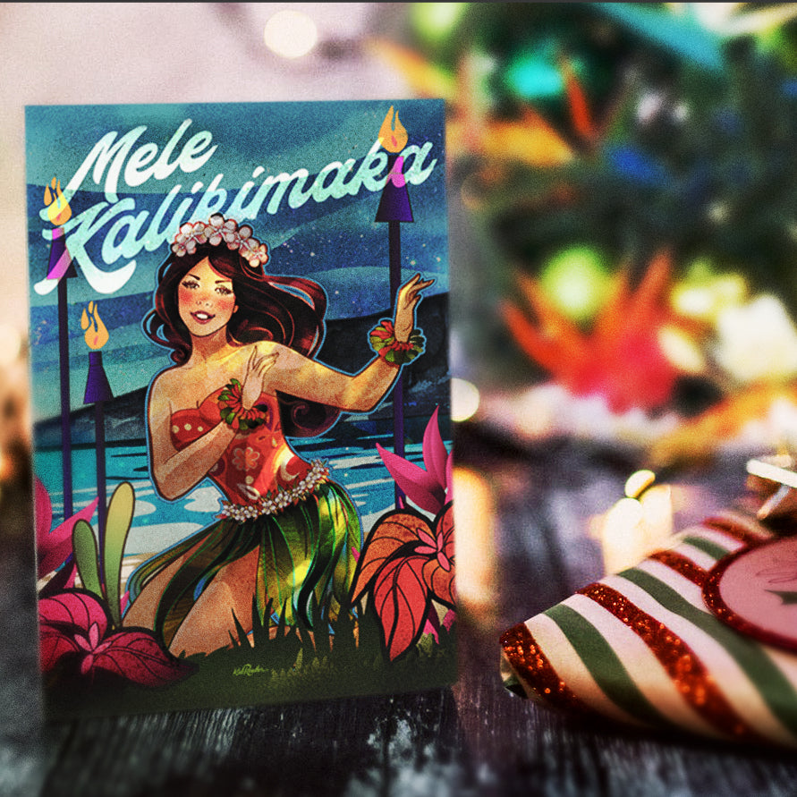 greeting card featuring a hawaiian girl dancing hula at the beach at night surrounded by tiki torches and big red poinsettia flowers. The image reads "Mele Kalikimaka"