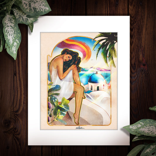 retro style illustration of a greek woman in a white dress perched on a balcony in Santorini with bright blue sky and rainbow in the background