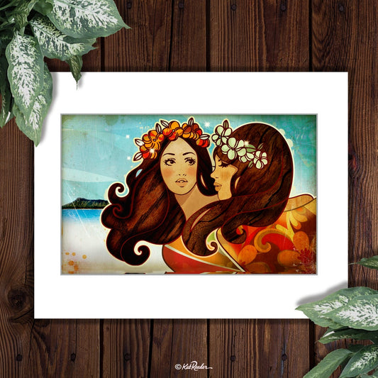 1970s retro inspired illustration of two hawaiian girls wearing floral dresses with long dark hair blowing the wind, next to a beach and a view of diamond head