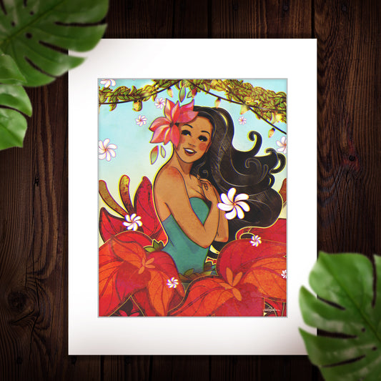 an vintage style illustration of a happy dark haired island girl with a blue dress and red poinsettia in her hair looking over her shoulder. She is surrounded by floating pikake flowers and christmas lights