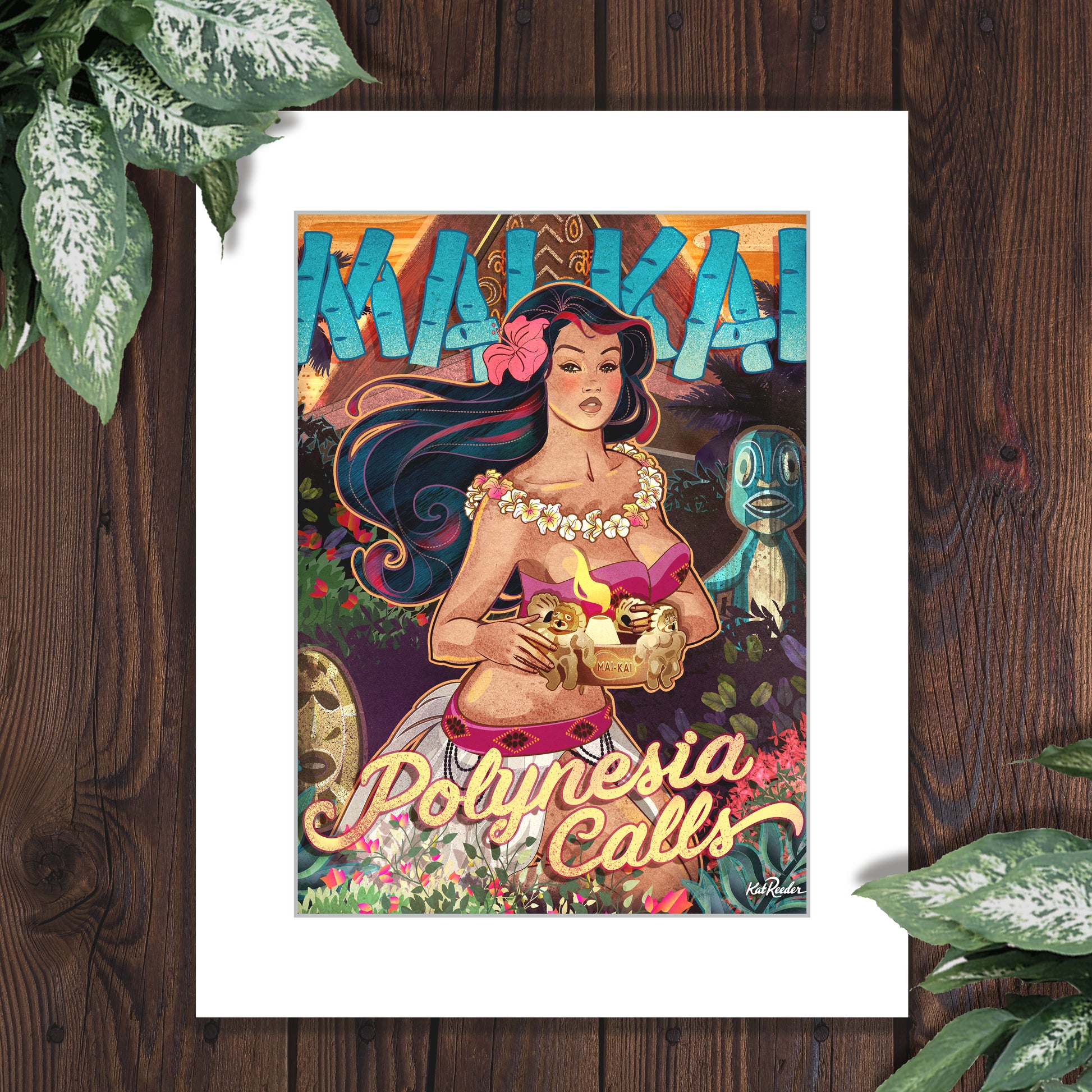 illustration for Mai Kai Restaurant Fort Lauderdale featuring their Mystery Girl tiki pin up, holding the mystery cocktail, surrounded by tikis and lush foliage. The restaurant roof is seen in the backdrop as well as the text that reads "Mai Kai: Polynesia Calls"