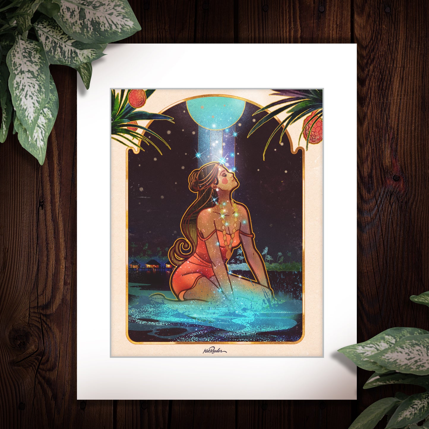 11x14 matted print of an illustrated travel poster for the Maldives featuring a girl on the beach shore at night looking up at the bright blue moon