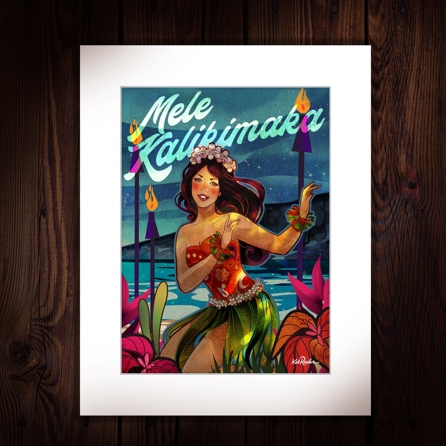 matted print of a christmas illustration featuring a hawaiian girl dancing hula at the beach at night surrounded by tiki torches and big red poinsettia flowers. The image reads "Mele Kalikimaka"