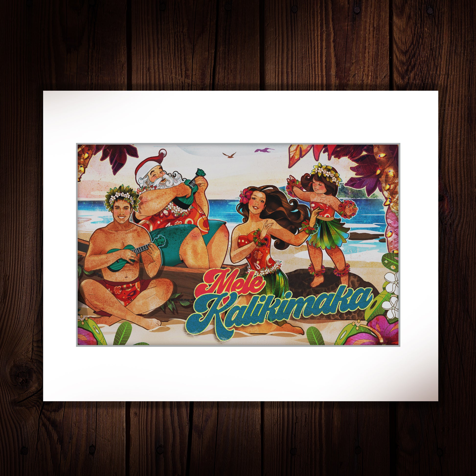matted print of an illustration of a hawaiian family dancing hula at the beach with Santa joining them. Image is framed by red palm trees with christmas lights and the words "mele kalikimaka"