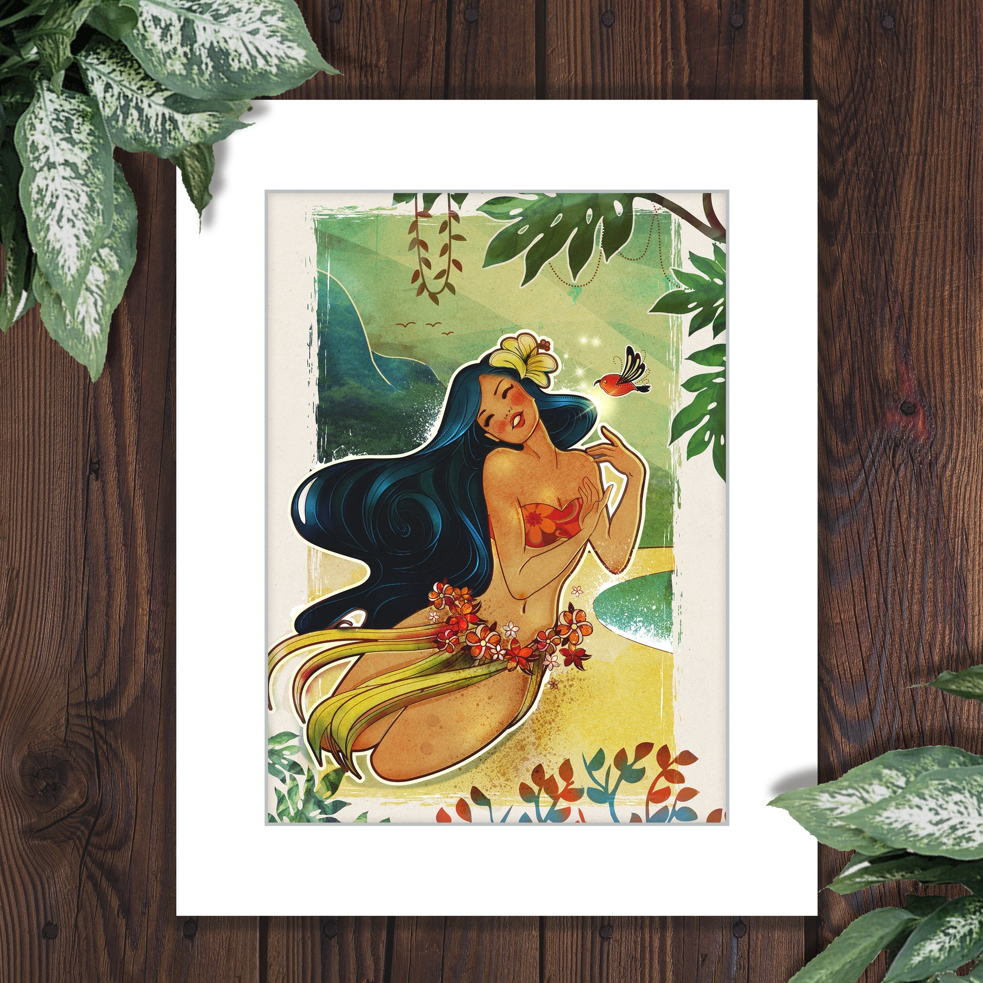 an 11x14 matted print of a hawaiian girl on a beach being kissed by a red bird native to Hawaii, in the style of vintage travel posters. 