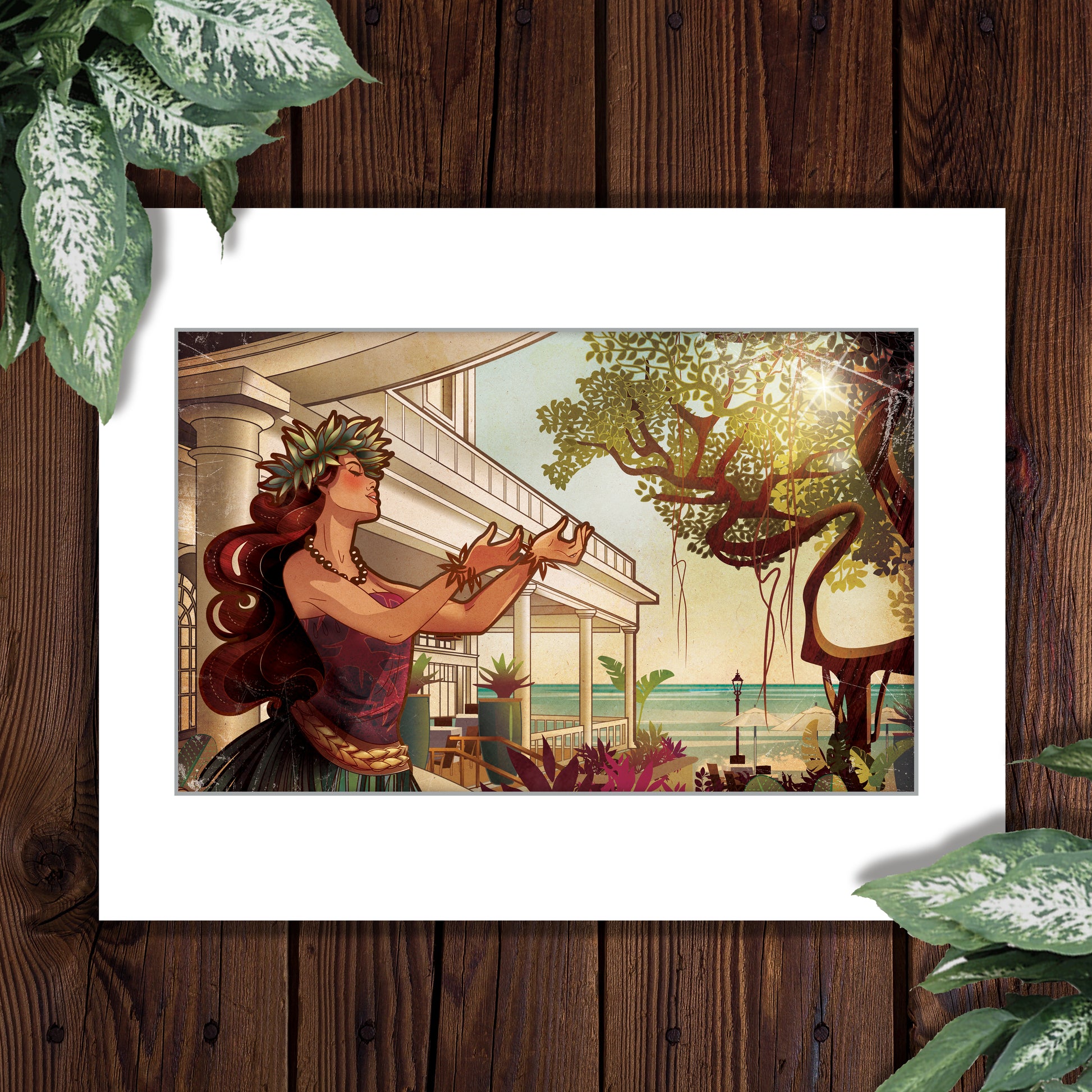 matted print of the Moana Surfrider Hotel featuring an illustration of a hawaiian woman dancing hula next to the banyan tree in the lanai of the hotel. The image is in the style of art nouveau