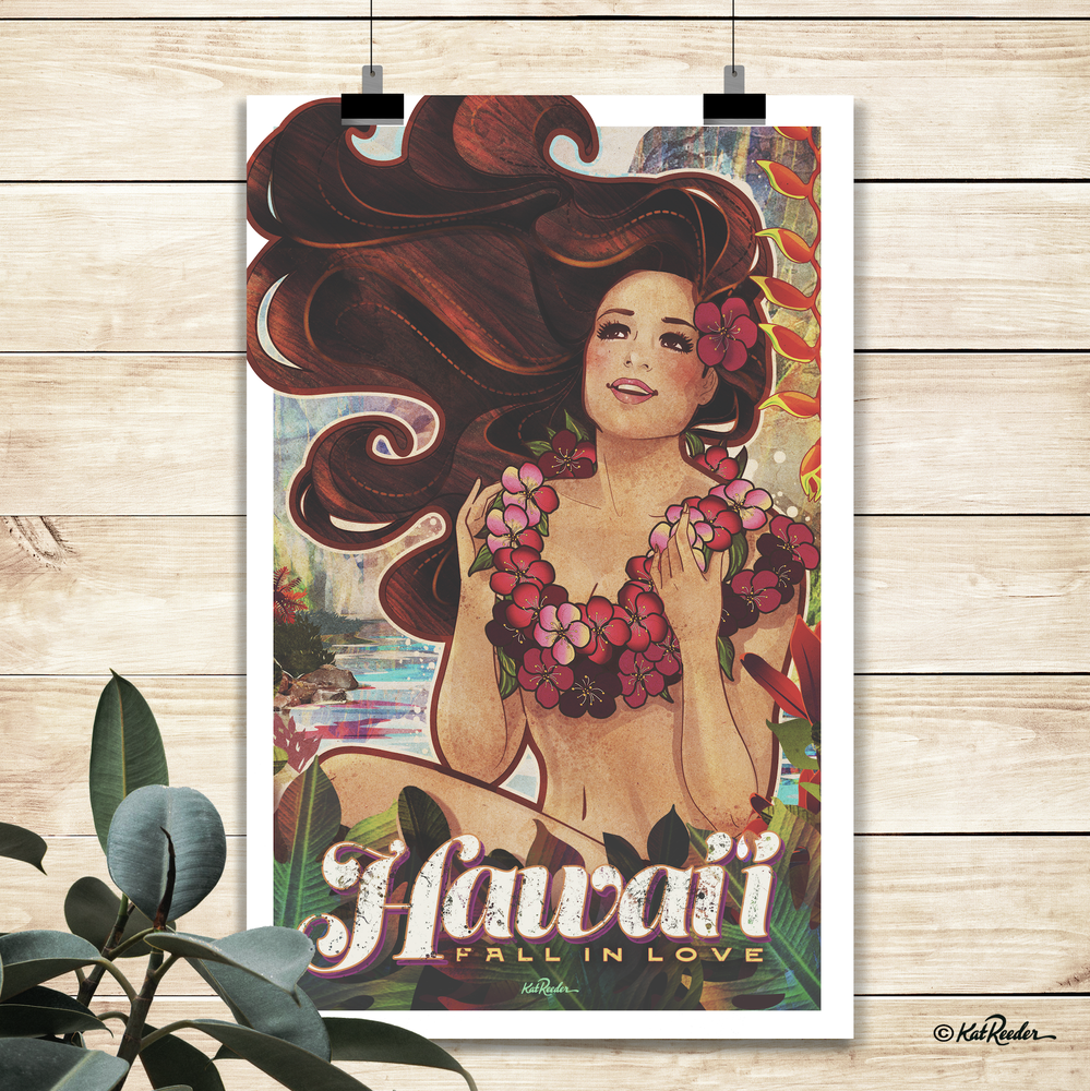 hawaii love, wanderlust art, tiki artist, hawaii travel poster, vintage-inspired art