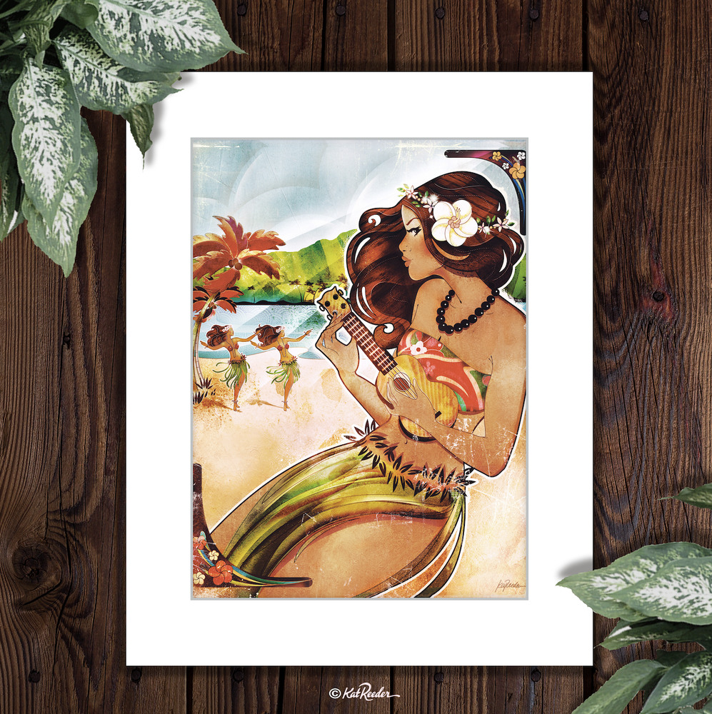 hula music, hawaiian singer, ukulele, vintage hawaii travel poster, tropical art nouveau, tiki wall art, hawaiian pin up