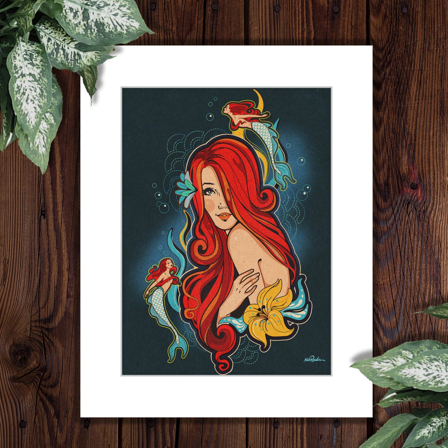 hawaiian mermaid, mermaid art, ariel, disney aulani resort, vintage inspired, red hair