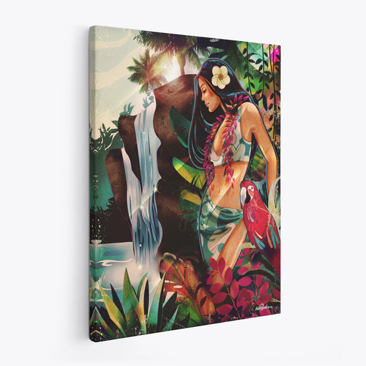 gallery wrapped canvas print of a jungle woman with a red parrot in the amazon, surrounded by a waterfall and lush foliage. Illustration in the style of vintage travel posters. 