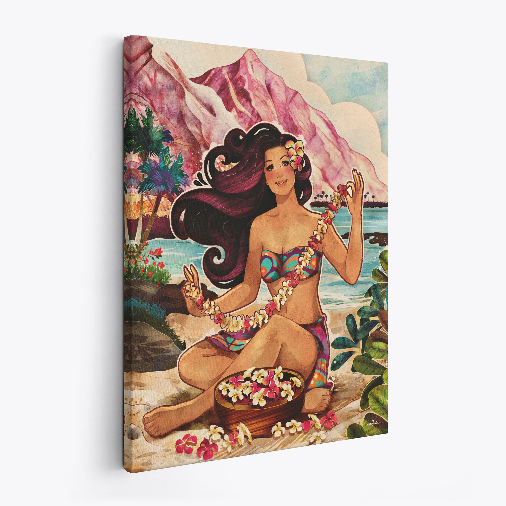 aloha, pink beach, hula girl, oahu, waikiki, hawaii art, flower lei, hawaiian poster art