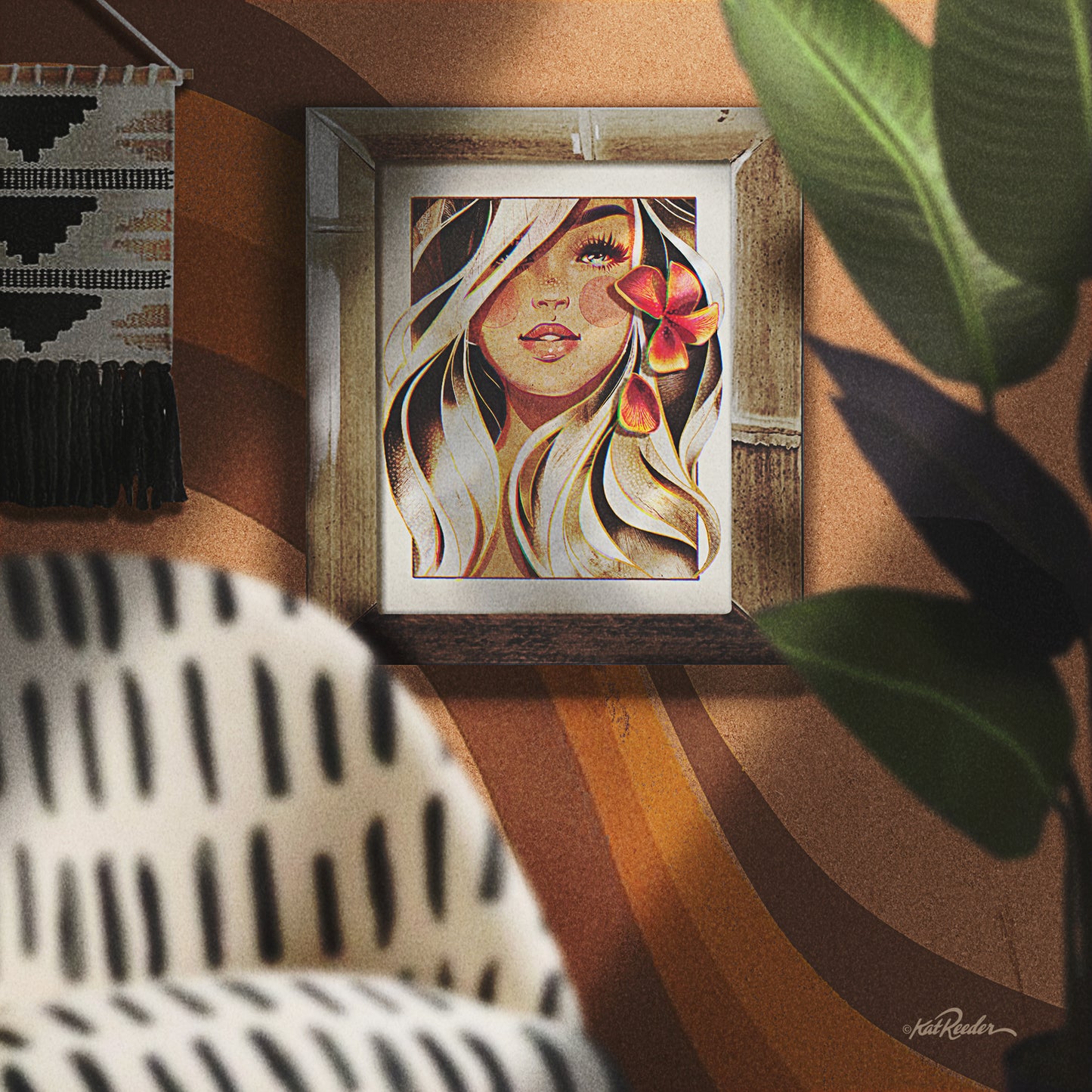 a framed print of an illustration of a blond surfer girl with an orange plumeria in her left ear in a 1970s print style. 