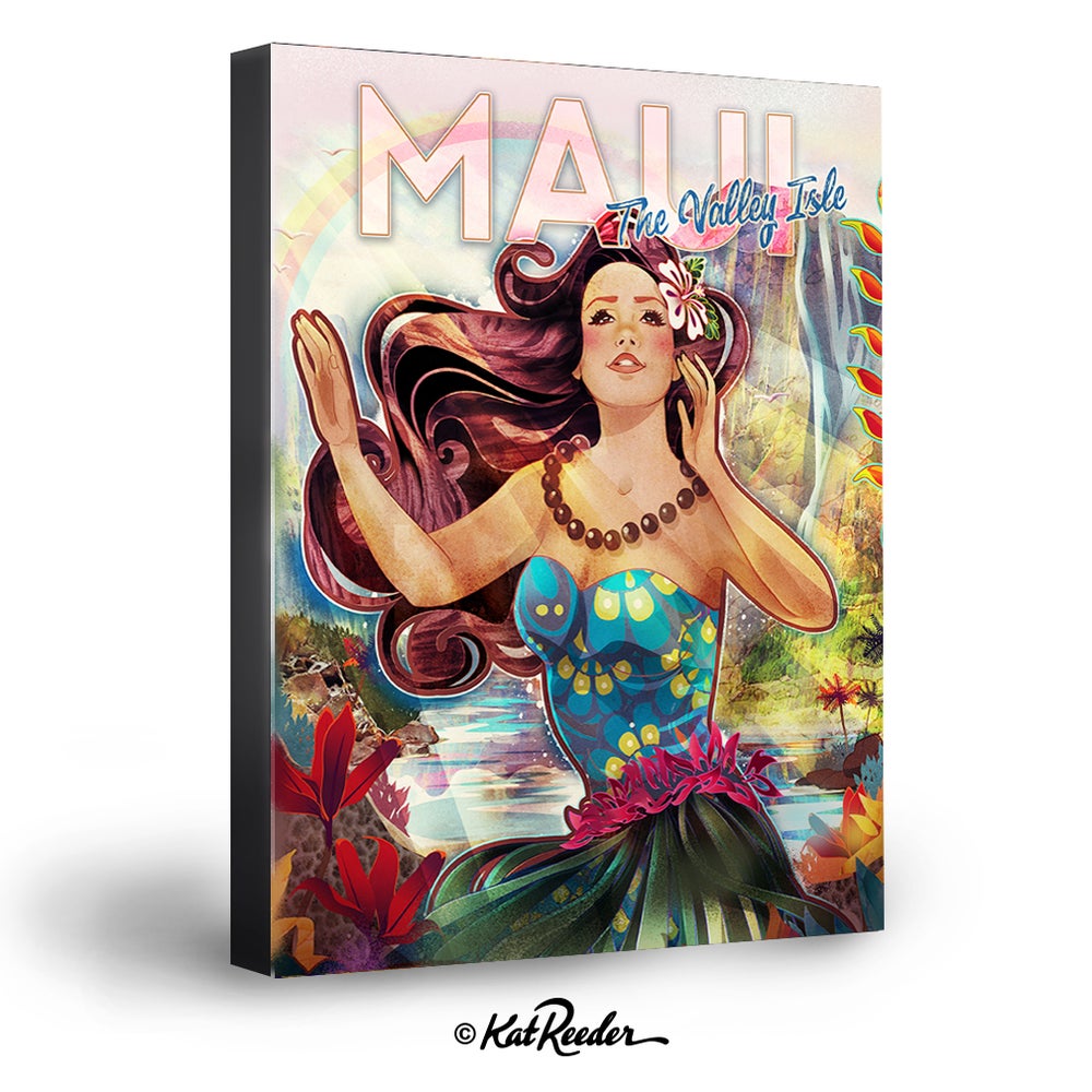gallery wrapped canvas featuring a hawaiian woman dancing hula sitting next to a river. The words "Maui the Valley Isle" show on top of the image. 