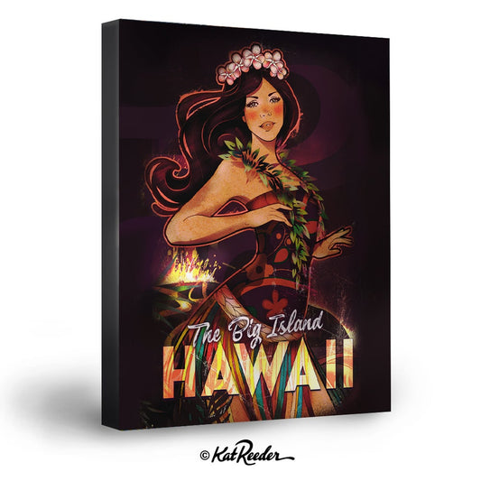 a gallery wrapped canvas print of an illustration of Hawaiian goddess Pele in the style of art nouveau and vintage travel posters