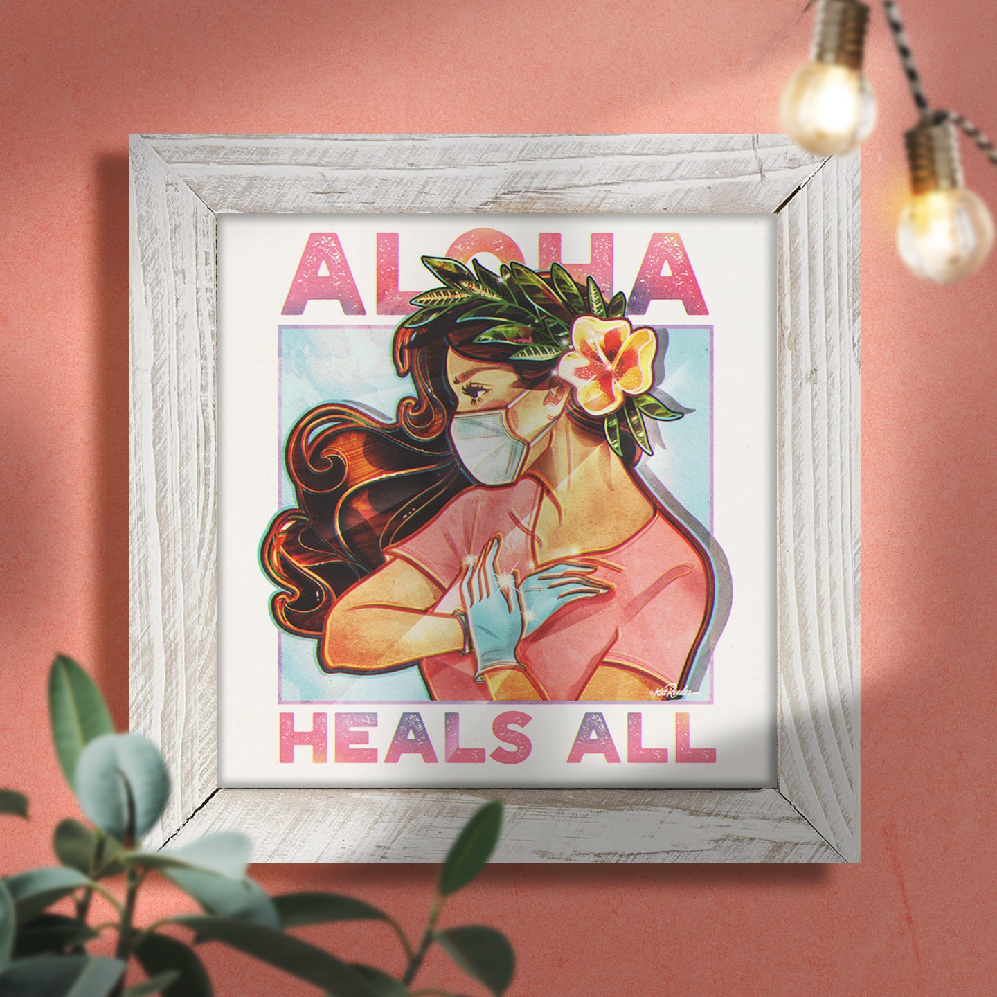 fine art print of a hawaiian nurse dancing hula in the style of a vintage poster, in a white frame, hung on a peach colored wall