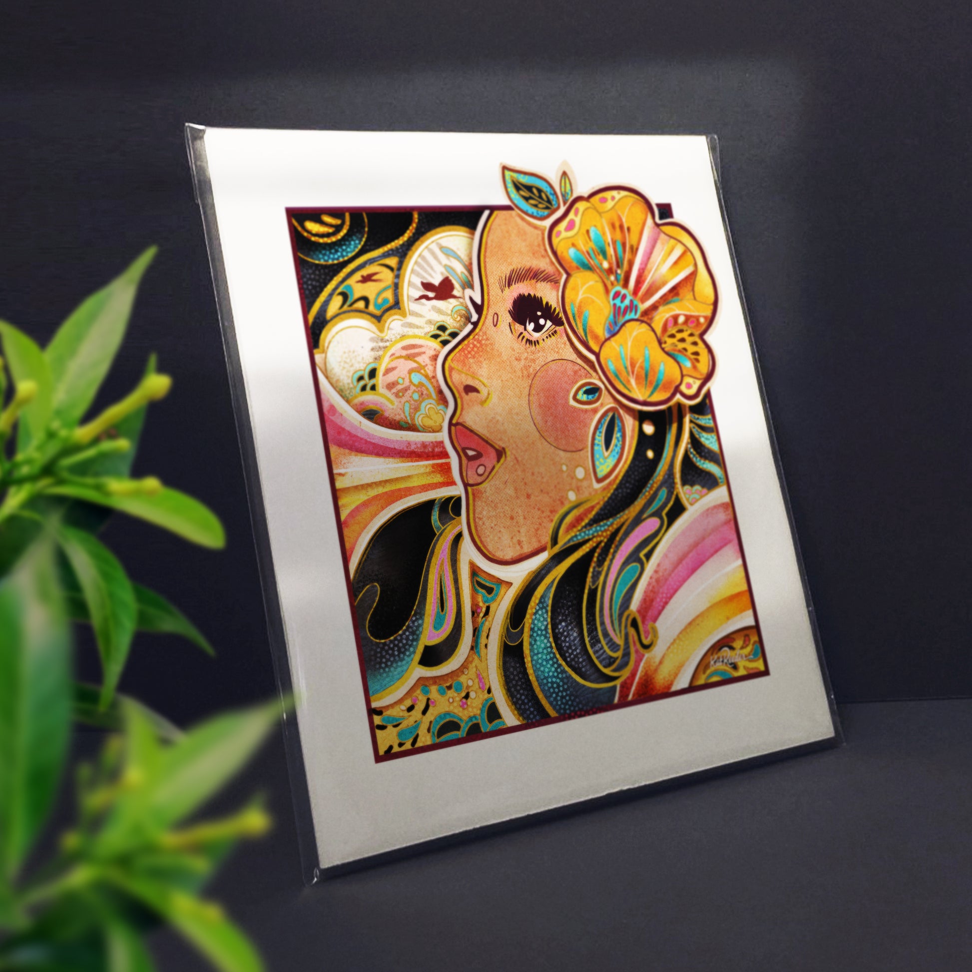 vintage-style illustration a dark haired woman’s face in profile, with a yellow hibiscus in her ear, surrounded by abstract psychedelic swirls and rainbows in the style of an 80s illustration