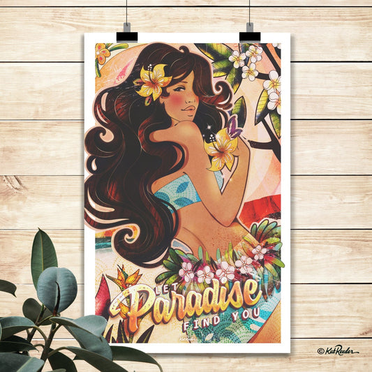 paradise, tiki pin up, sexy island girl, latina, caribbean girl, hawaiian art, hawaii travel poster, vintage travel poster, tropical pin up