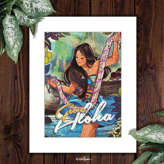 11x17 digital illustration of  hula girl holding a lei in a pond, text on poster reads “give aloha"