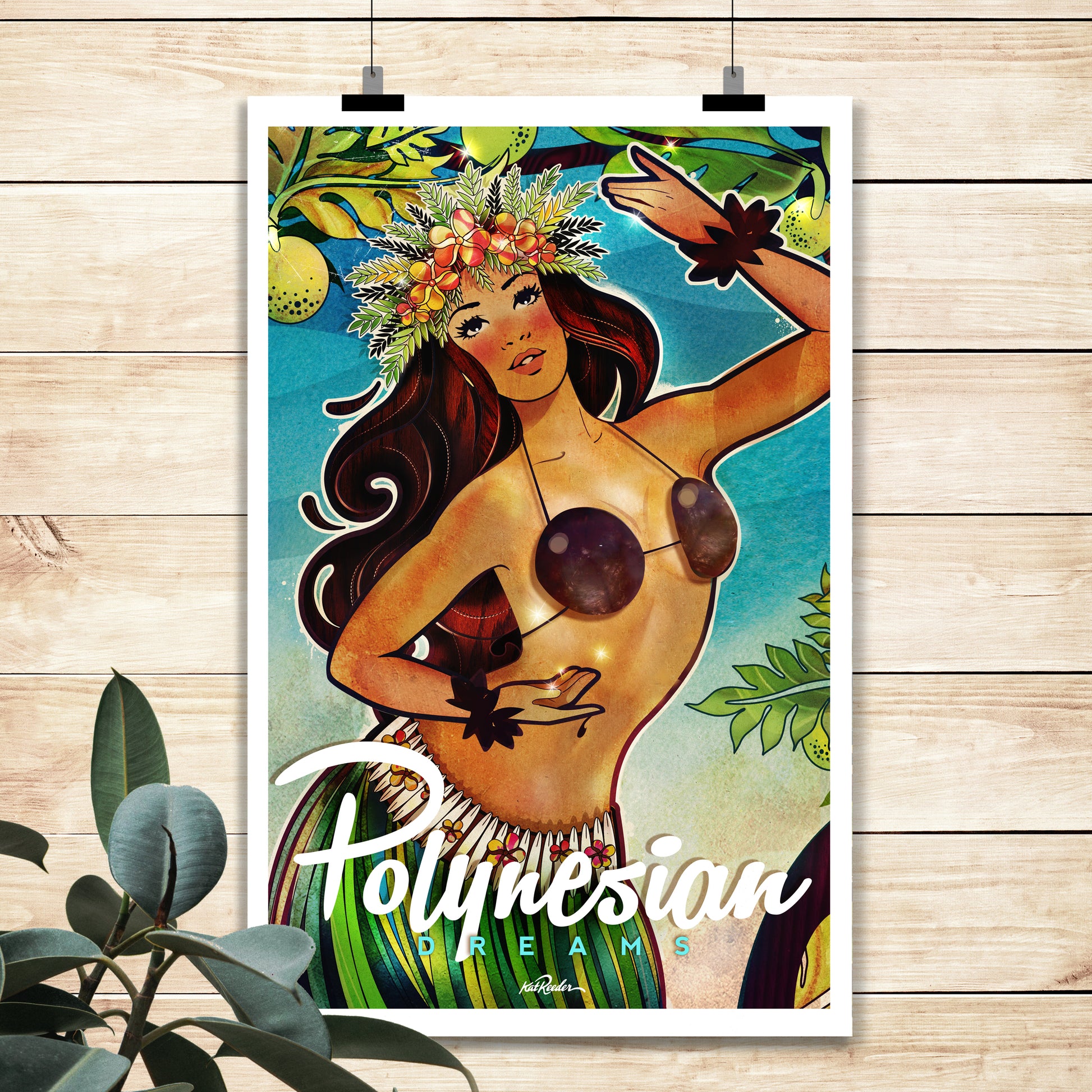 polynesian, tiki, tahiti, coconut bra, hula dancer, breadfruit, hawaiian art, hawaii travel poster