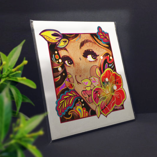 tiki psychedelic, tropical illustration of a girl's face with big brown eyes and a red flower framing her face