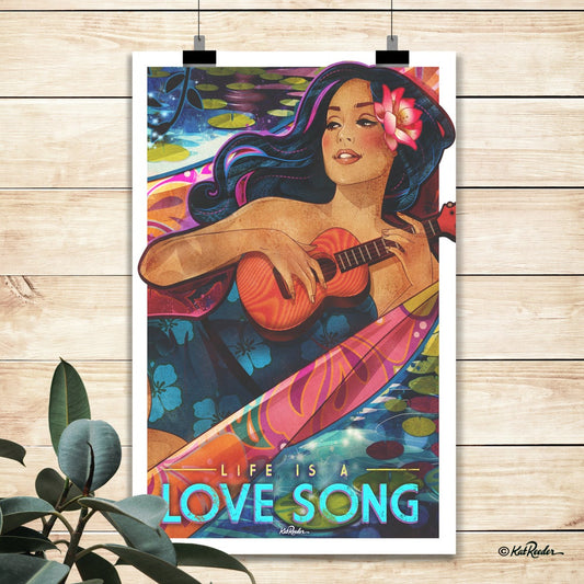 11x17 poster of an illustration of a blue haired tropical pin up sitting in pink hammock playing an ukulele by a pond at night