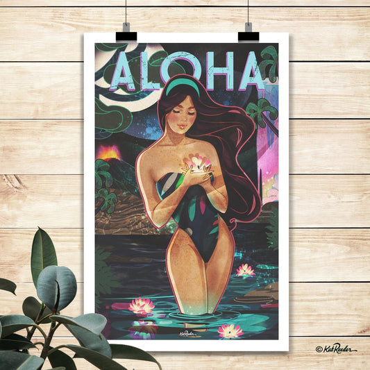 11x17 poster of an illustration of a dark haired girl in a pond at night holding a glowing lotus flower. She is surrounded by a volcano, a pink waterfall and a bright moon. Image is a mix of art nouveau and art deco