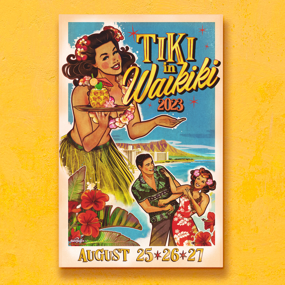 retro style poster for 2023 Tiki in Waikiki Festival featuring a retro pin up girl serving drinks, waikiki and diamond head, and a couple dancing in the distance
