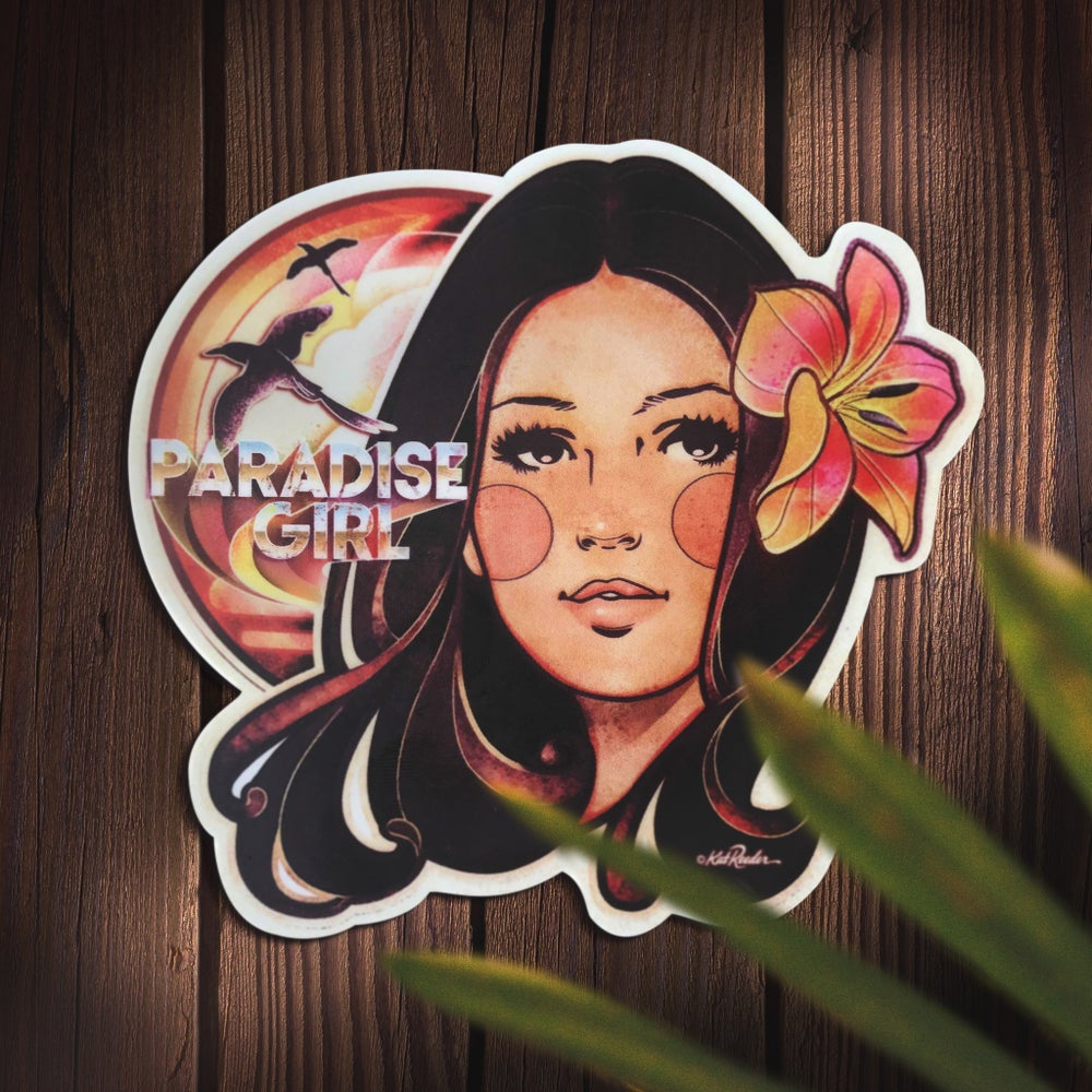 hawaiian hippie, paradise girl, vintage hawaii art, 1970s hawaii, retro inspired art, vintage hawaii stickers