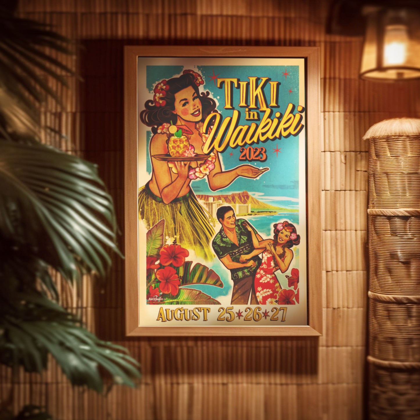 framed 11x17 poster of a tiki pin up girl serving drinks at the beach. Frame hangs in a wood and bamboo theme living room with moody lighting. 