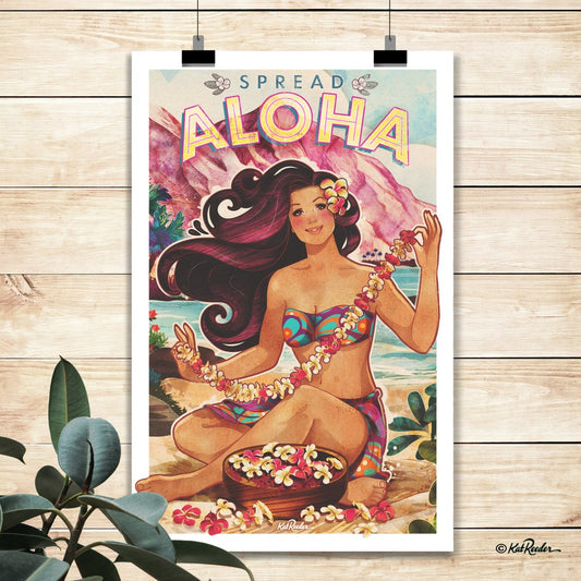 aloha, hawaii greetings, hawaii travel poster, vintage travel poster, 1970s inspired, hula girl art