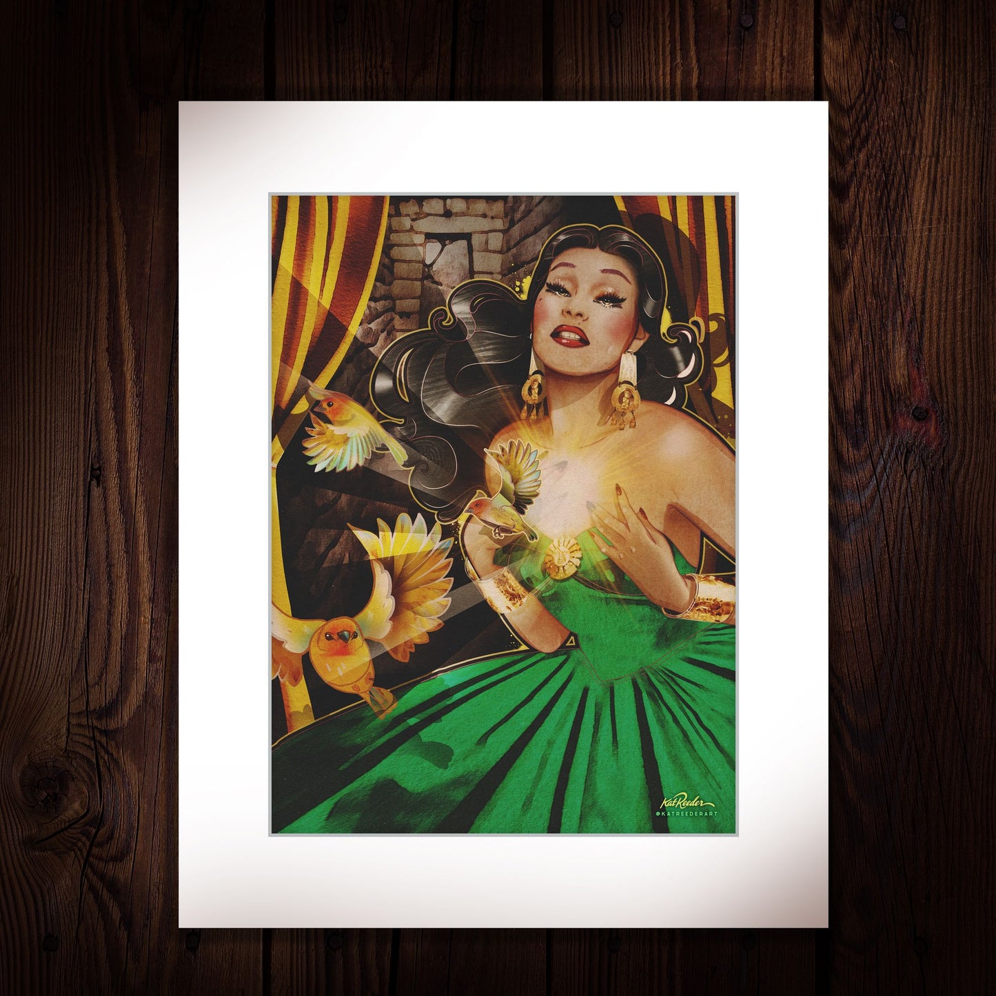 yma sumac, portrait, emerald dress, vintage inspired, tiki art, peruana, peruvian art, peruvian artist, latina pin up, maria felix art